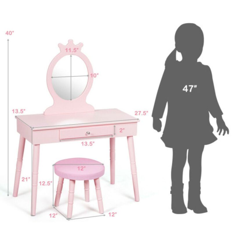 Kids Wooden Princess Makeup Table with Cushioned Stool-Pink image number 5