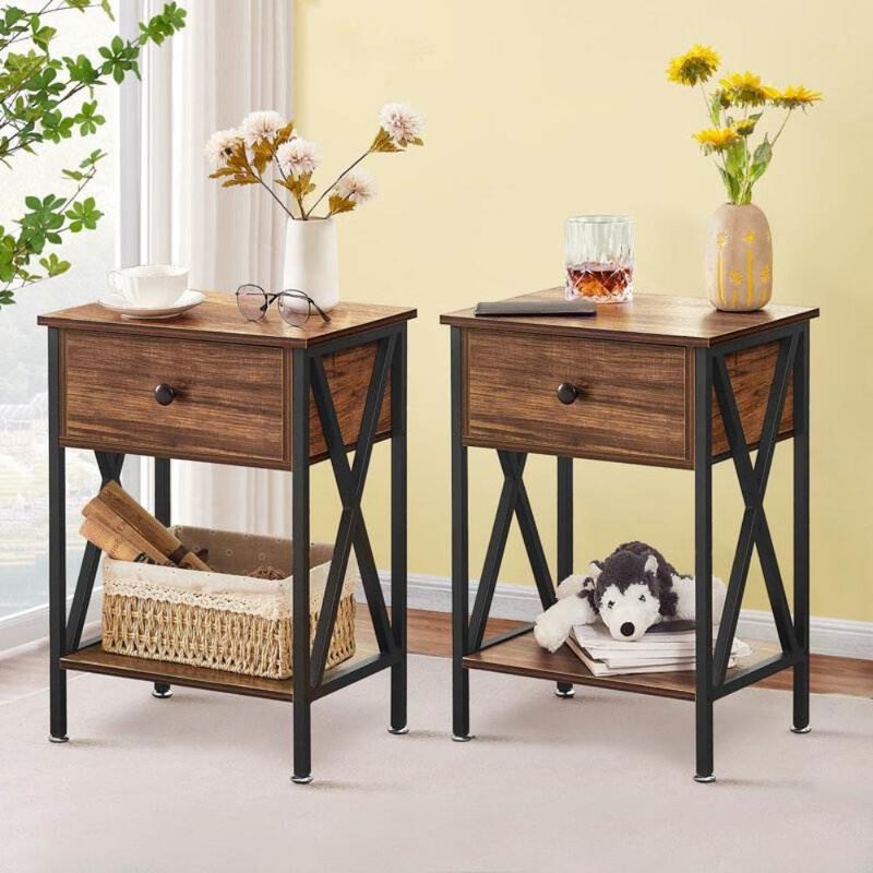 Hivvago Set of 2 - 1 Drawer Nightstand in Dark Blue and Black