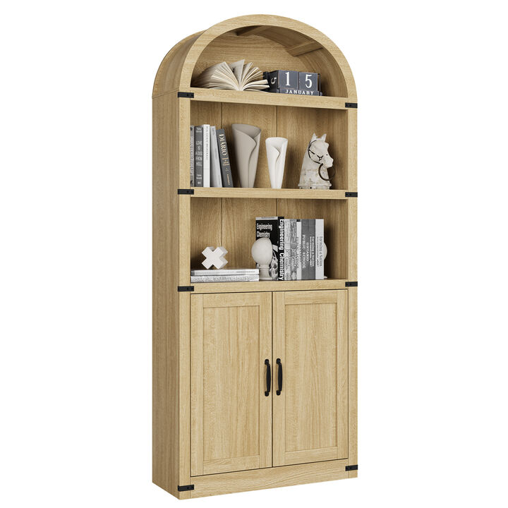 Vintage Farmhouse Arched 5-Tier Wooden Bookcase with Doors, Tall Display Cabinet for Living Room, Home Office and Bedroom
