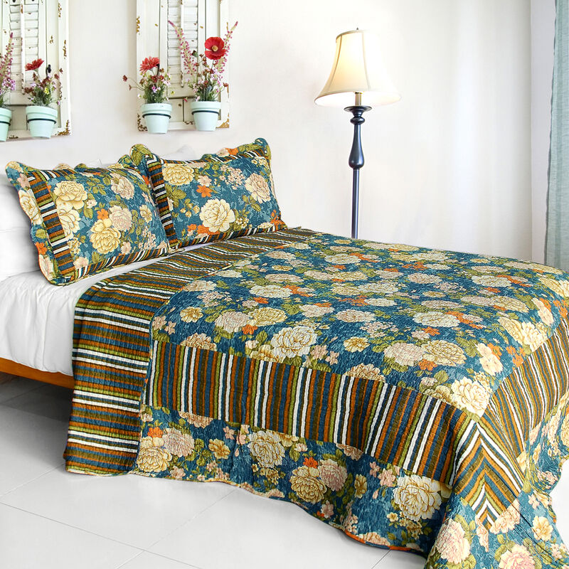 Queen Size Cotton 3-Piece Quilted Printed Quilt Set with Matching Pillow Shams image number 0