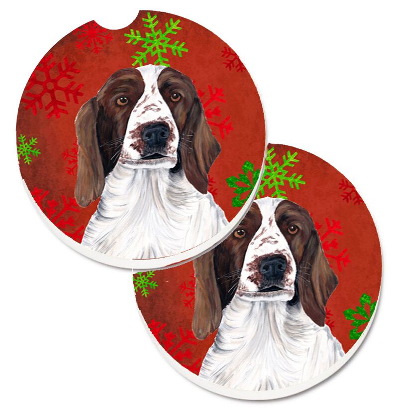 Caroline's Treasures Welsh Springer Spaniel Red green Snowflakes Holiday Christmas Set of 2 Cup Holder Car Coasters SC9420CARC, 2.56, Multicolor image number 0