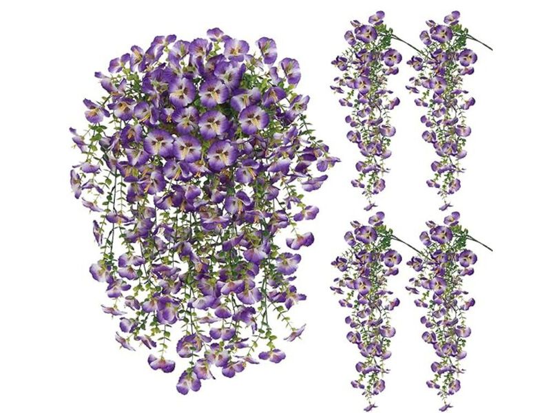 4 Piece Purple Artificial Hanging Pansy Flowers UV Resistant Outdoor Garden image number 0