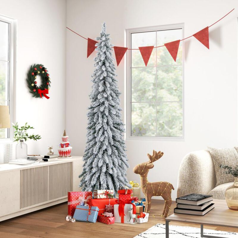 Pre-Lit Artificial Christmas Tree Snow-Flocked Slim Pencil Xmas Decor