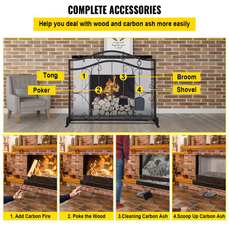 Iron Fireplace Screen with Spark Protection, Mesh Panel and Fireplace Accessories Set-Black image number 3