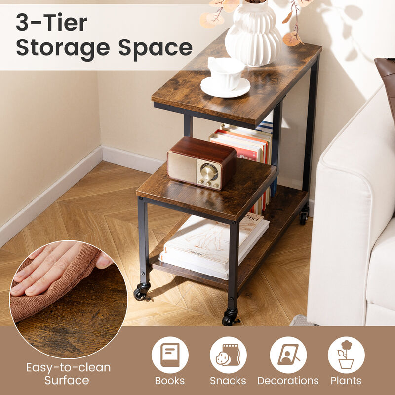 3-Tier Rolling Side Table with G-Shaped Frame and Open Display Shelves