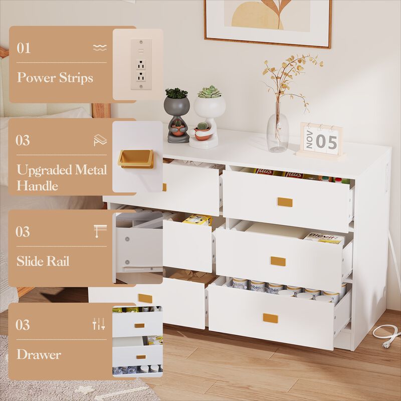 6-Drawer Nursery Dresser & Changing Table with Power Outlets, Removable Top & Soft Pad, Spacious Storage image number 1