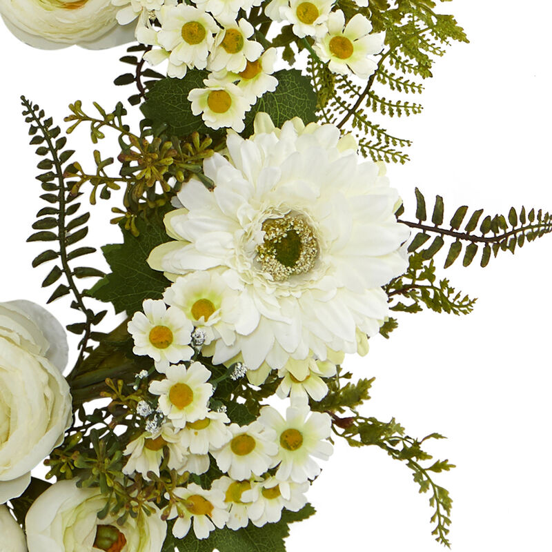 Mixed Daisies and Ranunculus Artificial Spring Wreath  24-Inch  Unlit