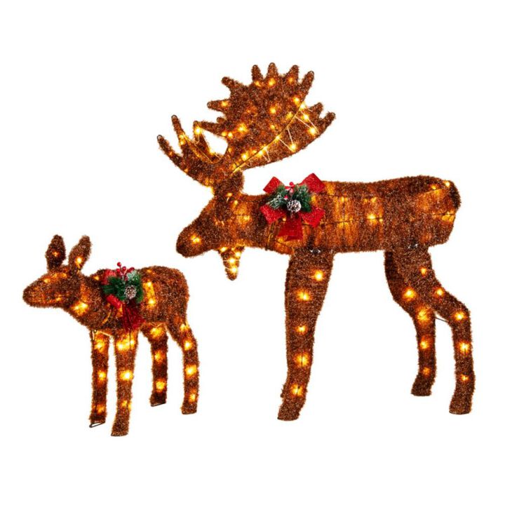 Hivvago 2 Pieces Lighted Moose Family with 170 LED Lights and Zip Ties