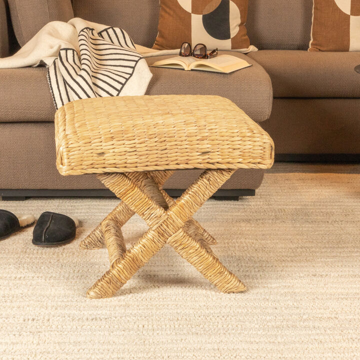 Woven Water Hyacinth and Wood Stool, Brown