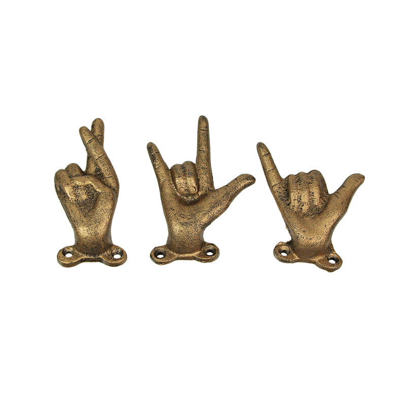 Set of 3 Antique Gold Cast Iron Hand Gesture Wall Hooks image number 0