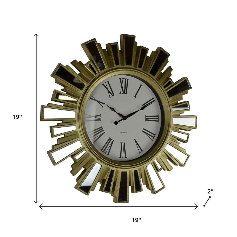 HomeRoots 19" Gold And Clear Mirrored Glass And Heavy Duty Plastic Silent Analog Sunburst Wall Clock image number 5