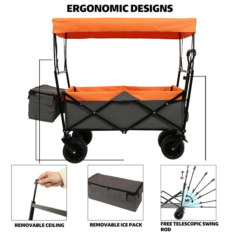 Streamdale 480Lbs Collapsible Wagon with Canopy, 7" All-Terrain Wheels, Orange