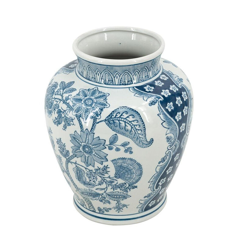 HomeRoots 11" Light Blue And White Floral Round Porcelain Jar image number 3