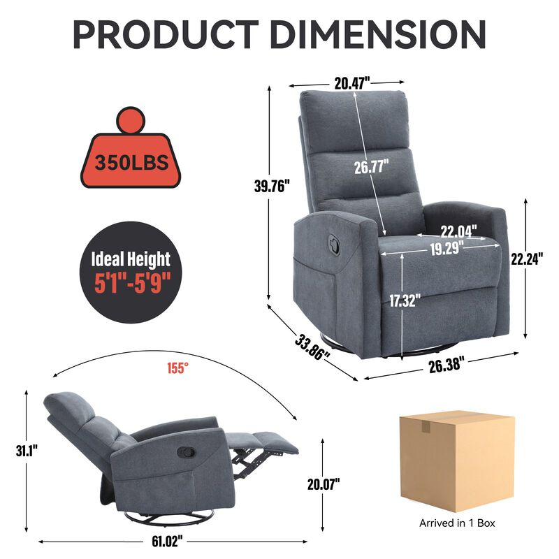 Manual Recliner Chair with Rocker and Swivel in Fabric for Living Room image number 2