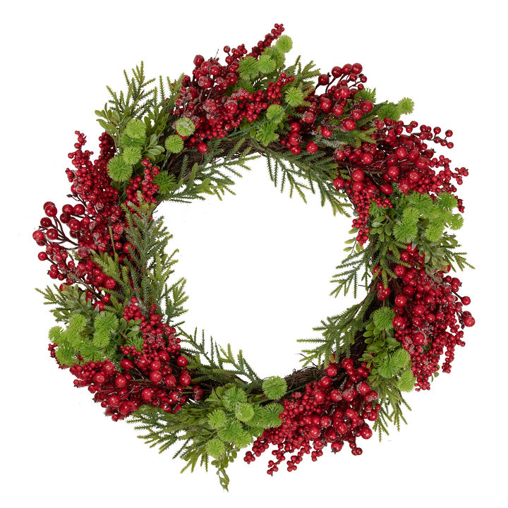 Red Berry and Frosted Pine Christmas Wreath  28-Inch  Unlit