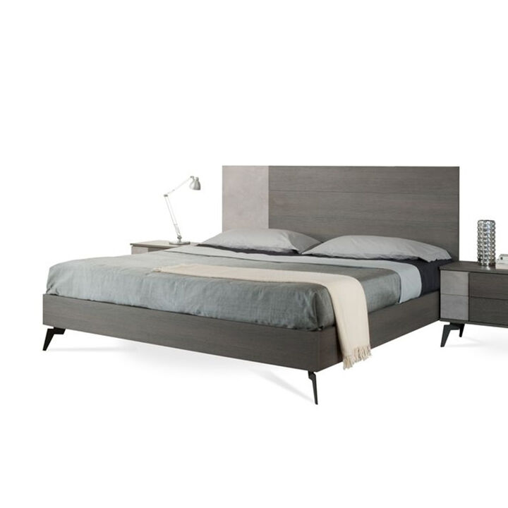 Leen King Size Platform Bed, Black Metal Legs, Gray Panel Headboard - Benzara