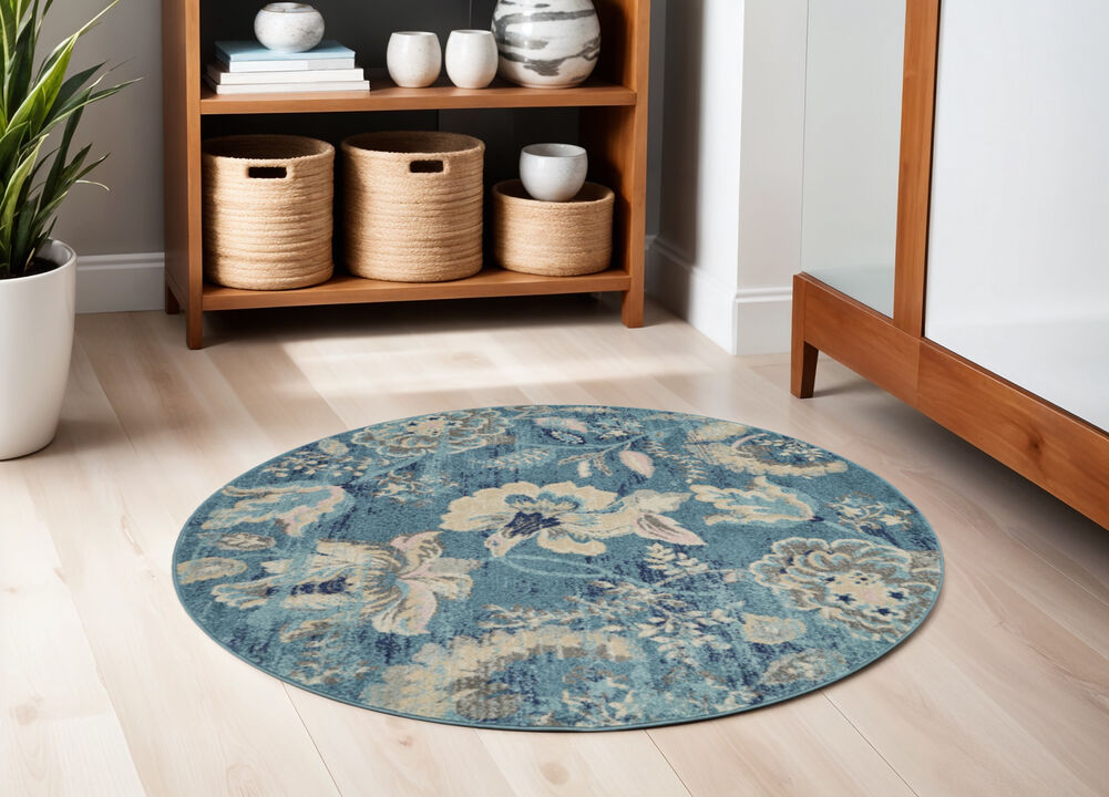 HomeRoots Floral Distressed Round Rug