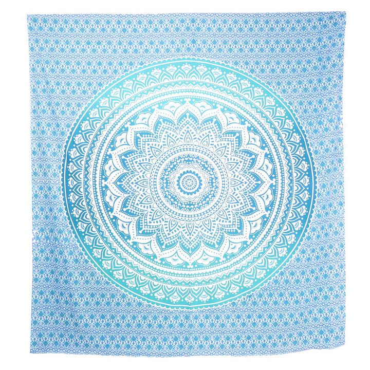 HomeRoots 92" X 84" Sea Green And White Mandala Cotton Hanging Tapestry