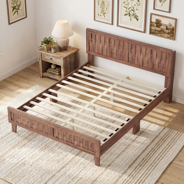 Wooden Bed Frame with Woven Accent Headboard for Modern Bedroom-Walnut