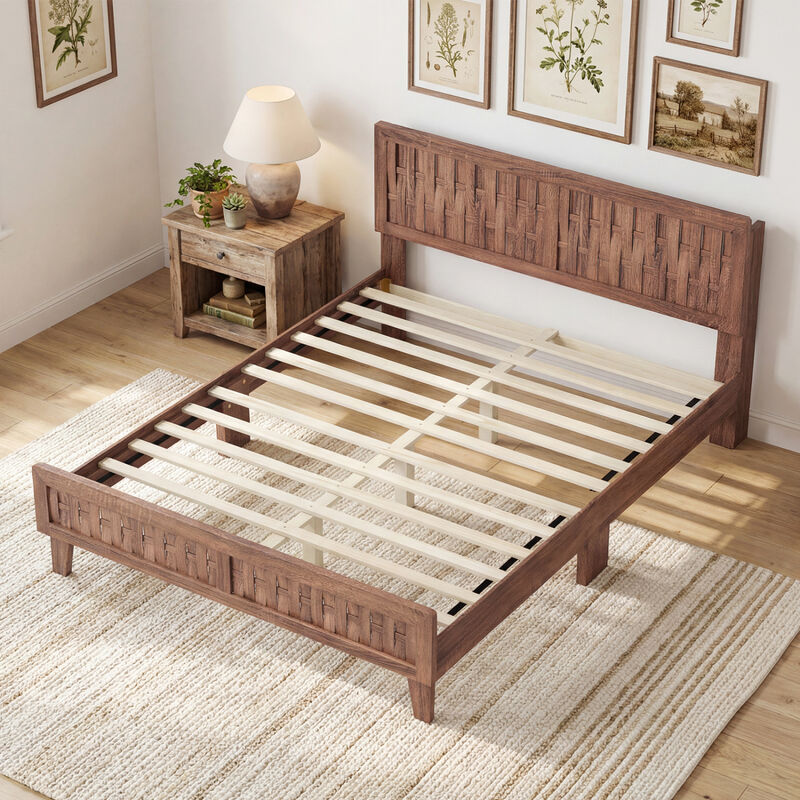 Wooden Bed Frame with Woven Accent Headboard for Modern Bedroom-Walnut image number 1