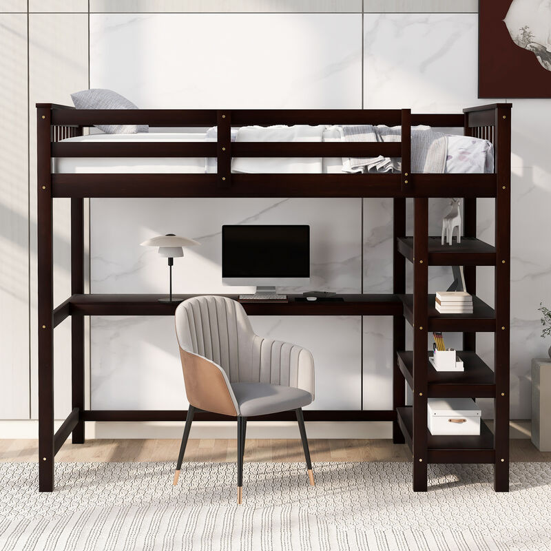 Merax Twin Size Loft Bed with Storage Shelves and Under-bed Desk