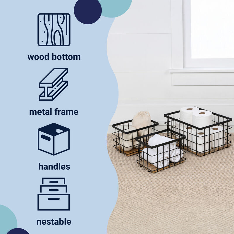 Evvie Vintage Farmhouse Handmade Wire Metal Nesting Storage Baskets with Wood Base image number 2