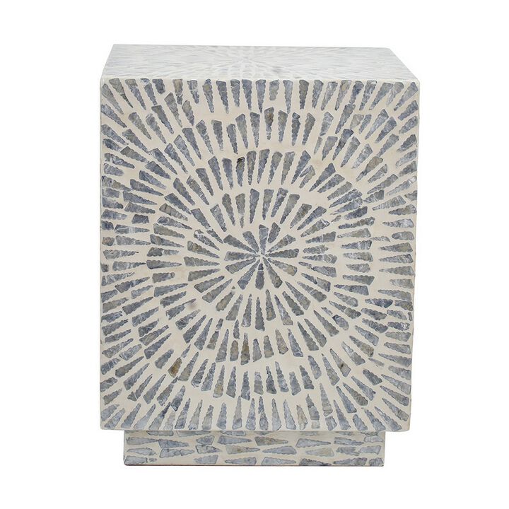 18 Inch Modern Capiz Accent Table Stool, Square, Gray Starburst Pattern