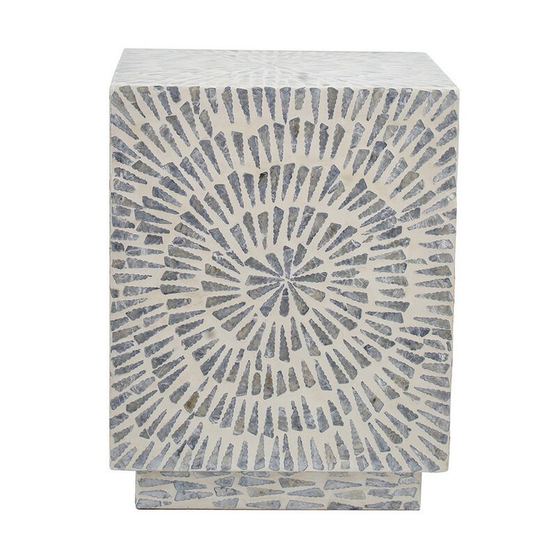 18 Inch Modern Capiz Accent Table Stool, Square, Gray Starburst Pattern