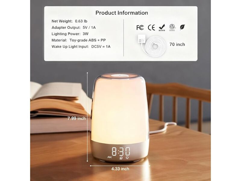 Sunrise Simulation Alarm Clock with Touch Wake Up Night Light 3 Dimmable Warm White RGB Ambient Table Lamp for Kids Bedrooms image number 2