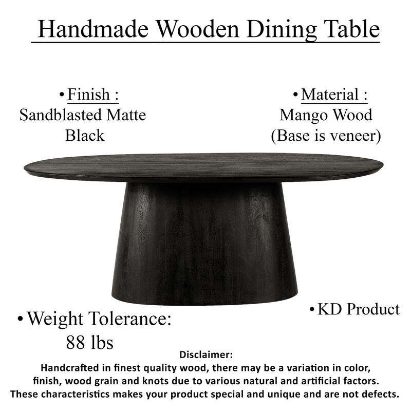 Jano Dining Table, 79 Inch Oblong Top with Tapered Pedestal Base, Sandblasted Black Mango Wood