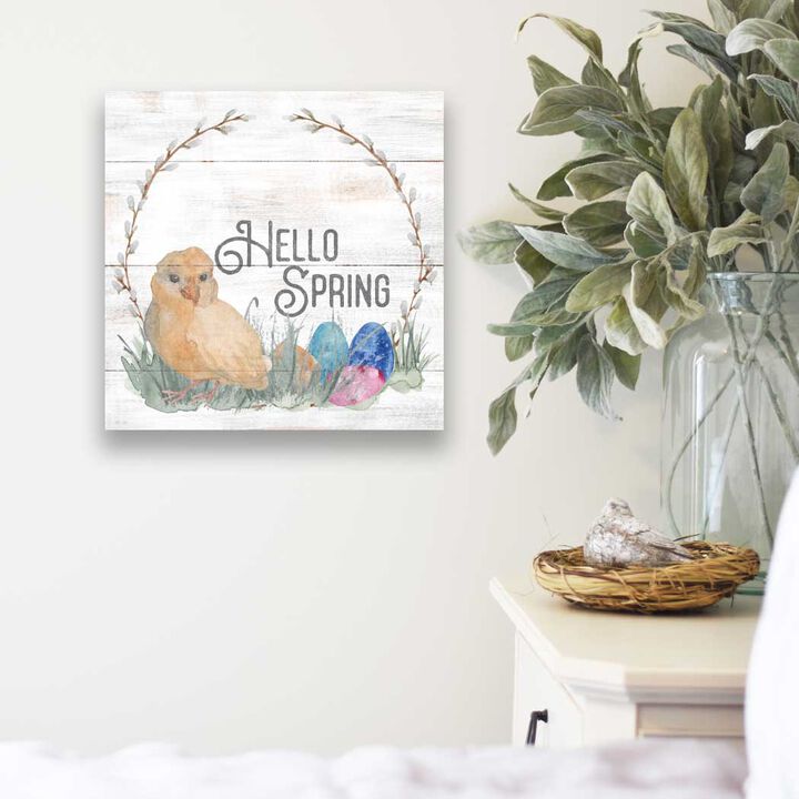 10" Yellow and White "Hello Spring" with a Chick and Easter Eggs Sign