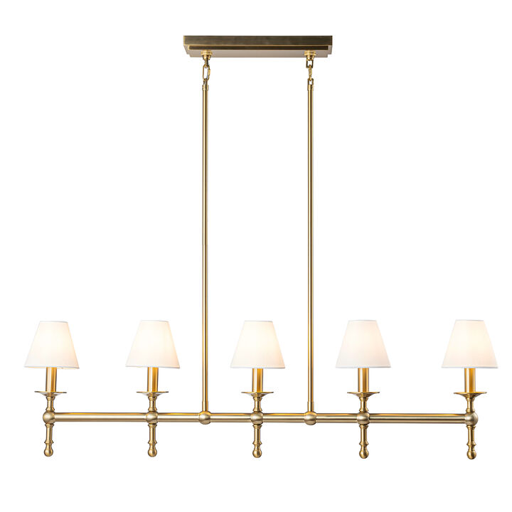 Transitional Warm Brass Linear Chandelier with Fabric Shades for Dining Room Kitchen Island