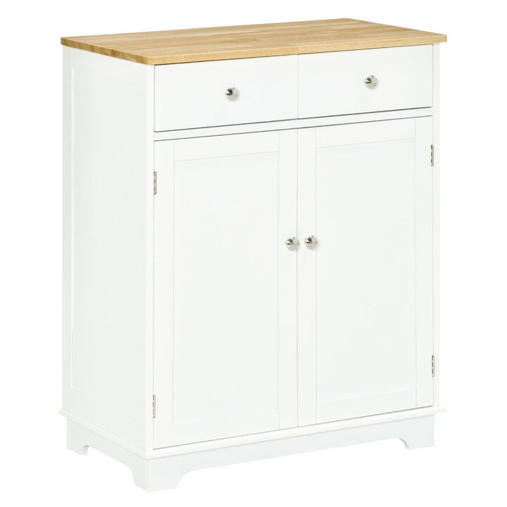 Kitchen Storage Cabinet, Sideboard Floor Cupboard with Solid Wood Top, Adjustable Shelf, and 2 Drawers for Living Room, and Hallway, White