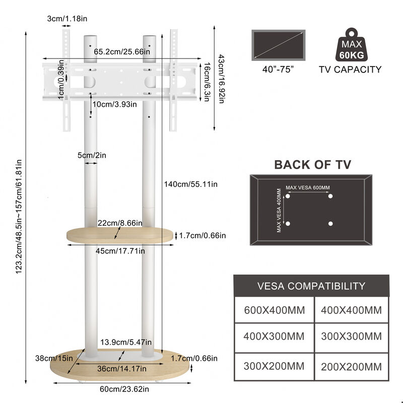 Floor TV Stand with Wheels 40-75" Mobile Cart w/ Shelf for Living Room, Bedroom image number 4