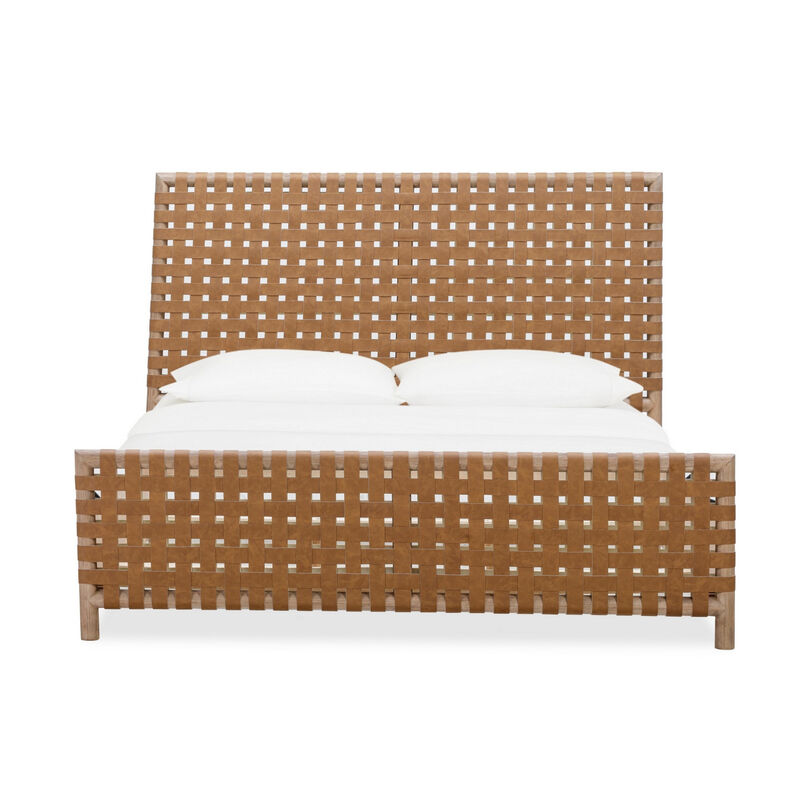 Dory Queen Size Bed, Hand Woven Headboard, Faux Leather Upholstery, Brown - Benzara