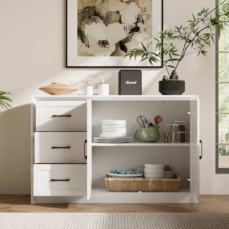 FUFU&GAGA 2-Door 3-Drawer Storage Cabinet with Black Metal Handles, Wood Grain Finish (47.2"W x 15.7"D x 30.7"H), White Oak