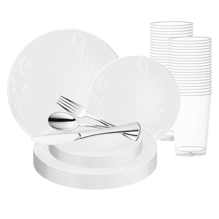 White with Silver Antique Floral Round Plastic Wedding Value Set (30 Sets)