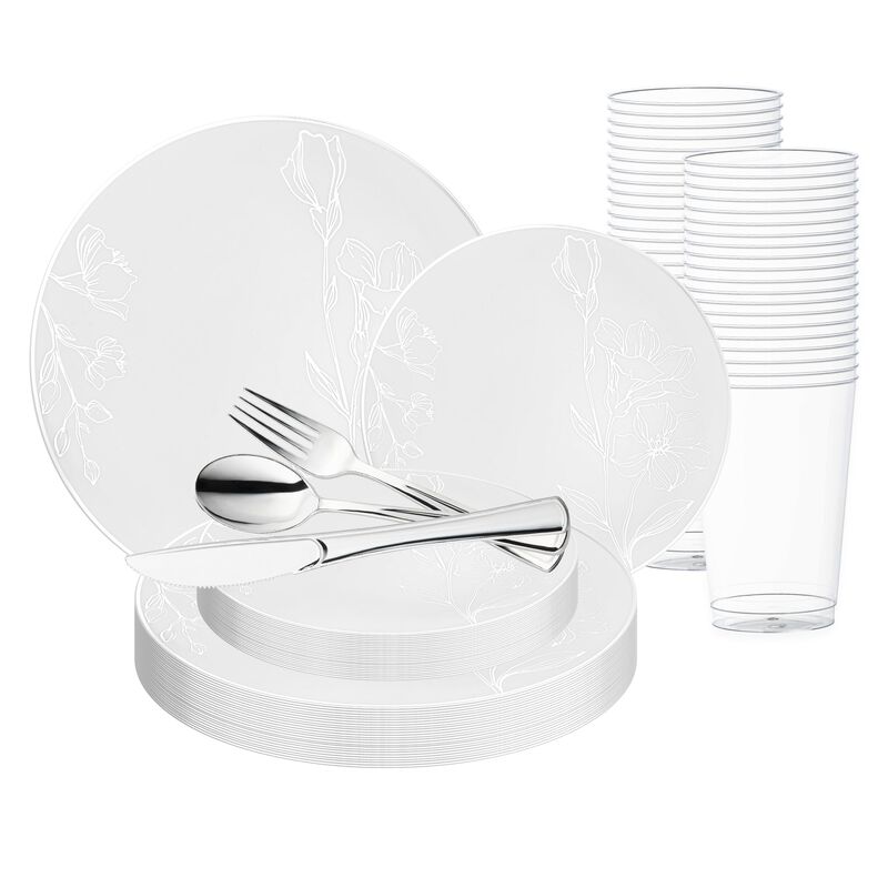 White with Silver Antique Floral Round Plastic Wedding Value Set (30 Sets) image number 0