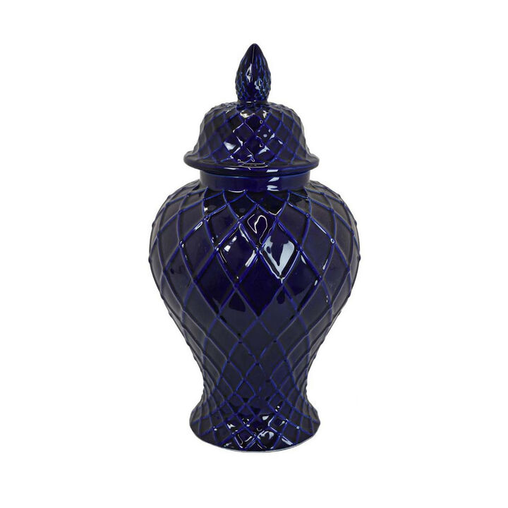 Livie 20 Inch Temple Ginger Jar, Geometric Design, Dome Lid, Ceramic, Blue - Benzara