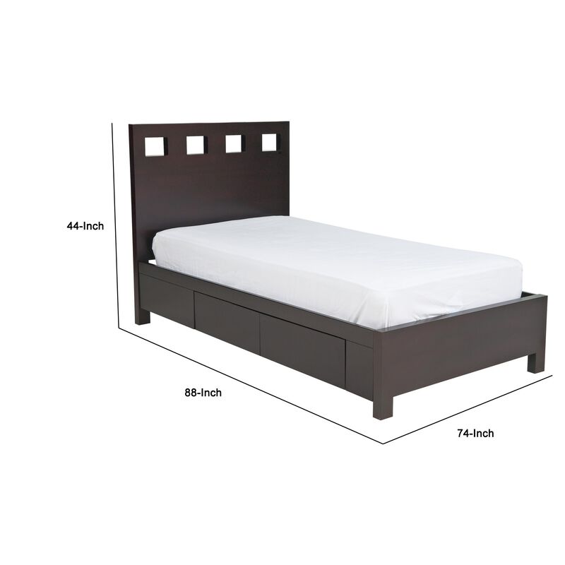 Yee California King Storage Bed, Espresso, 4 Drawers, Cut Out Headboard - Benzara