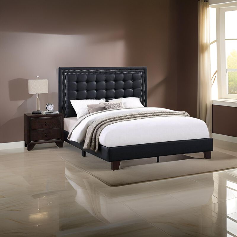 Vea Modern Platform Queen Bed, Deep Tufted Upholstery, Black Faux Leather - Benzara