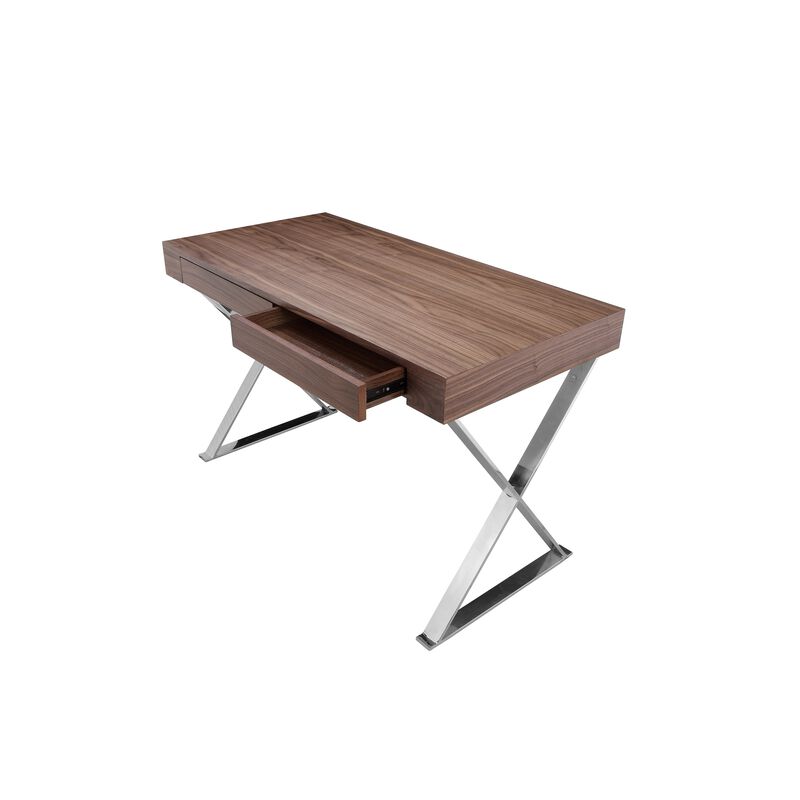 Rix 47 Inch Office Desk, Walnut Wood Top, 2 Drawers, X Polished Steel Legs - Benzara
