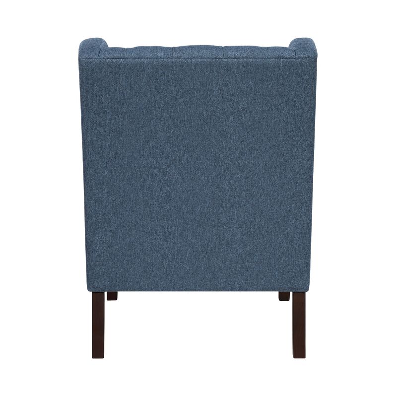Hosanna Accent Wing Armchair, Button Tufted Blue Polyester, Brown Wood