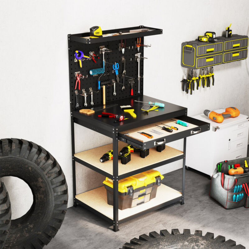 Workbench Work Table with 2 PCs Pegboard Drawer and Shelves