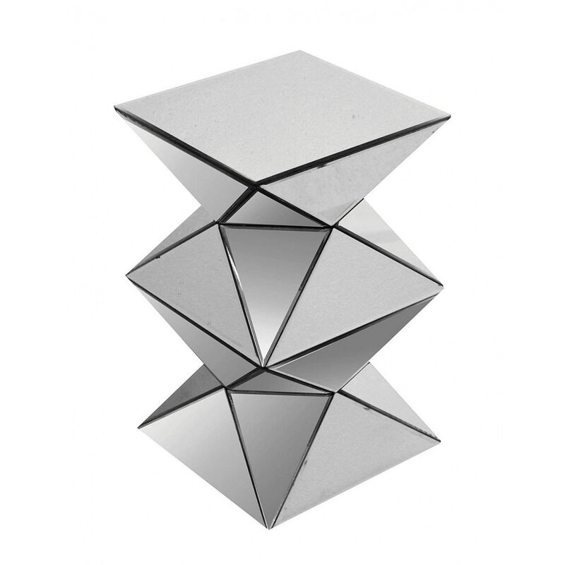 20 Inch Modern End Table, Square Mirror Top, Silver Geometric Pedestal Base-Benzara image number 1
