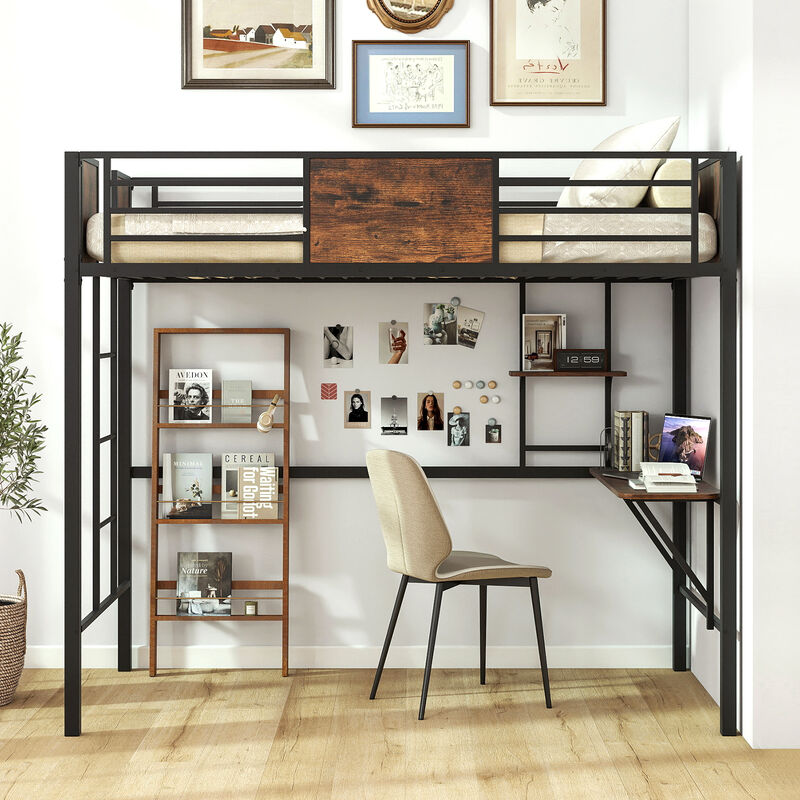Rustic Brown Twin Loft Bed with Ladder and Guardrail Space-Saving Design image number 1