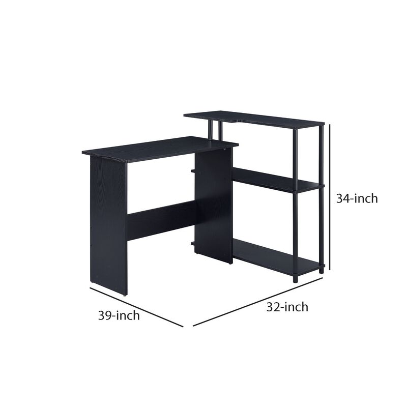 Writing Desk with L Shaped Design and 3 Tier Wooden Shelves, Black-Benzara