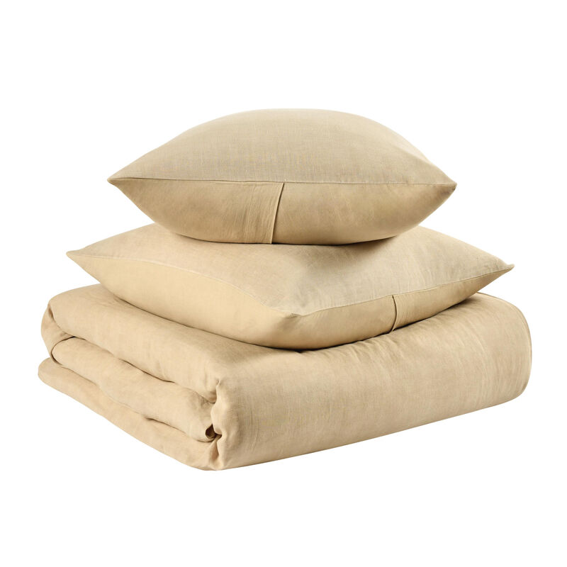 Paula 3 Piece Queen Size Duvet Set, Soft Ochre Amber Stone Washed Hemp - Benzara