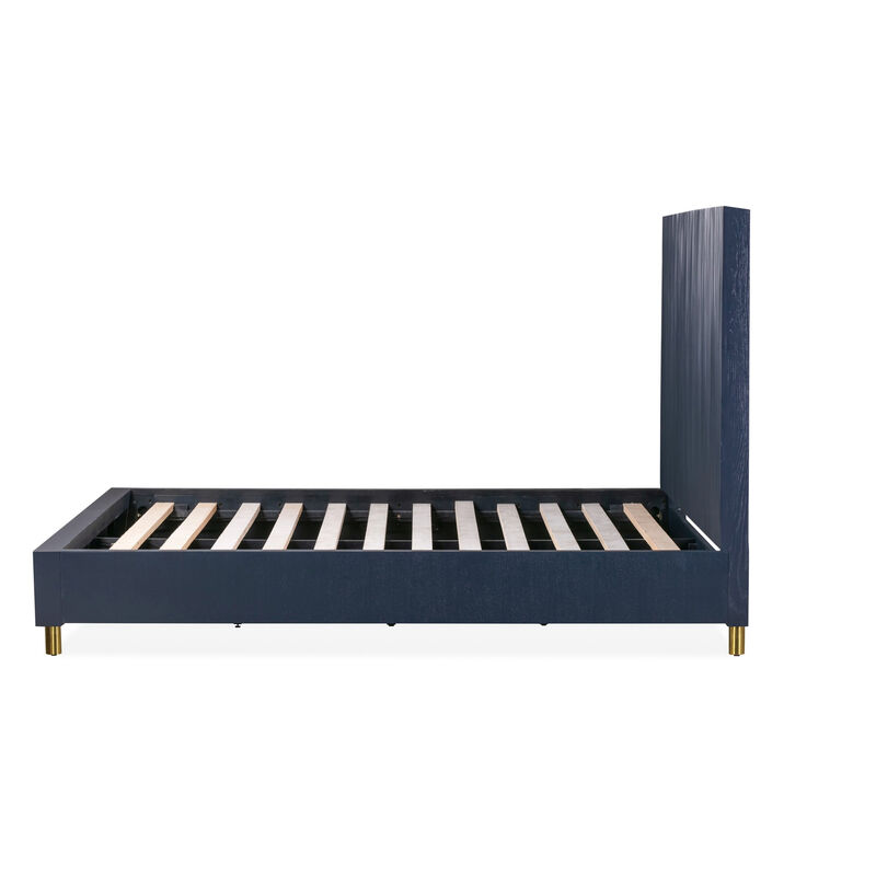 Herst Modern Queen Bed, Brass Metal Legs, Wavy Textured Navy Blue Headboard - Benzara