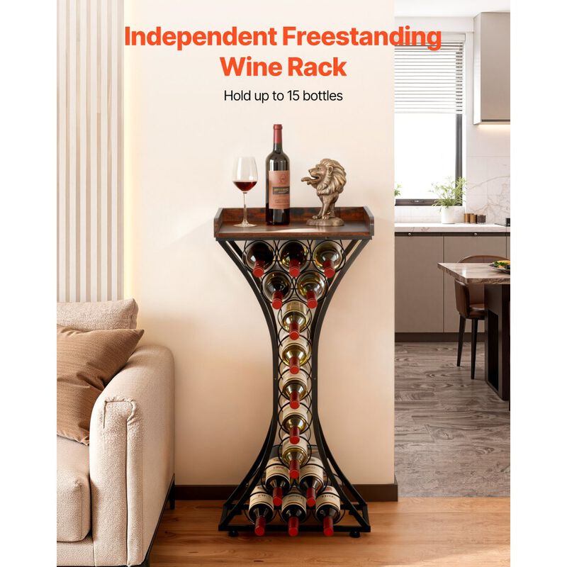 Freestanding 15 Bottle Wine Rack with Wood Top for Home Bar and Kitchen-Black image number 2